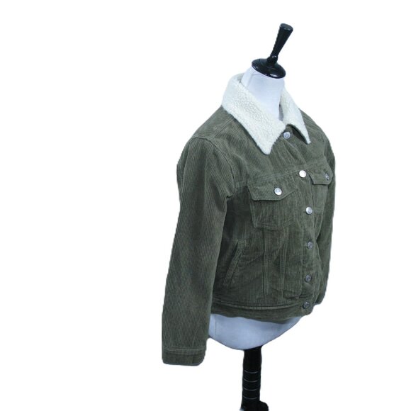 PacSun Army Green Corduroy Sherpa Lined Trucker Jacket Faux Fur Oversized Small - Picture 5 of 6